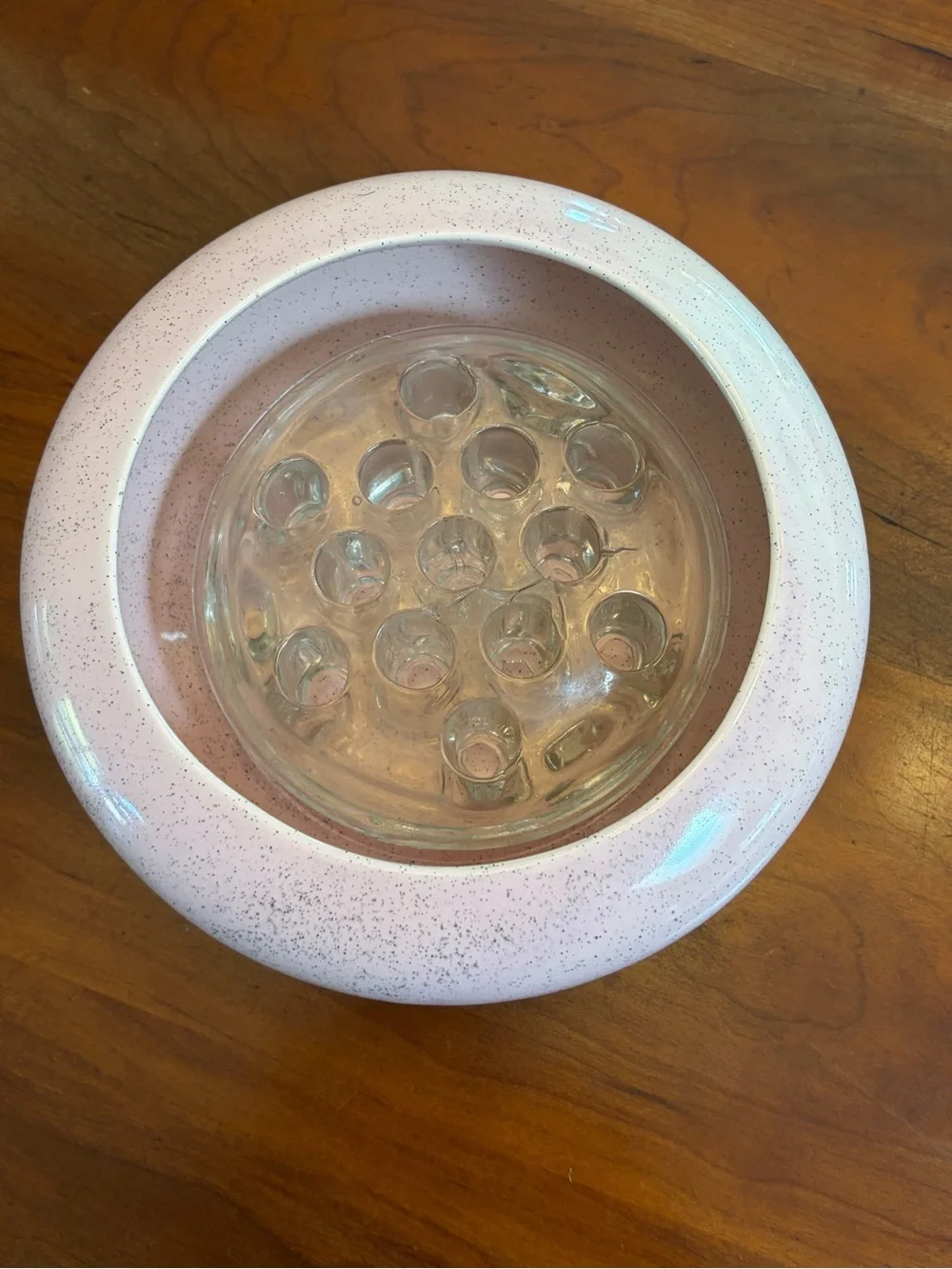 Vintage MCM Bauer Speckled Pink Flower Bowl including Glass Flower Frog